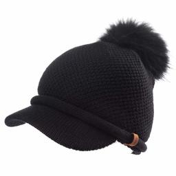 Jeff & Aimy Wool Knitted Visor Beanie with Brim Raccoon Fur Pom Cold Weather Winter Hat for Women Newsboy Cap Black