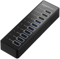 AmazonBasics USB-A 3.1 10-Port Hub with Power Adapter - 65W (20V/3.25A), Black, EU