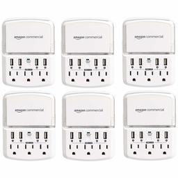 Amazoncommercial 3-Outlet Wall Tap Surge Protector with Smart Phone Holder, Surge Protection LED, 4 USB Charger (Total 3.4A), 540 Joules, 6-Pack