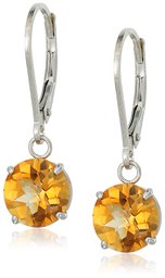 Sterling Silver Round Checkerboard Cut Citrine Leverback Earrings (8mm)