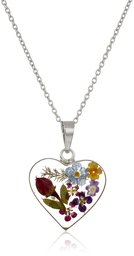 Sterling Silver Multi-Colored Pressed Flower Heart Pendant Necklace, 16