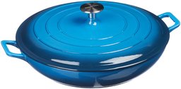 AmazonBasics Enameled Cast Iron Covered Casserole Skillet, 3.3-Quart, Blue