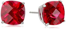 14k White Gold Cushion Checkerboard Cut Created Ruby Studs (8mm)