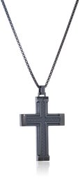 Men's Stainless Steel Cross with Black IP and Round Box Chain Pendant Necklace, 24