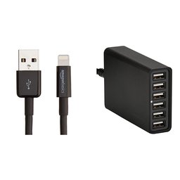 AmazonBasics Apple Certified Lightning to USB Cable - 10 Feet (3 Meters) w/ AmazonBasics 60W 6-Port USB Charger - Black