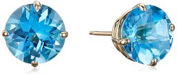 10k Yellow Gold Round Checkerboard Cut Blue Topaz Stud Earrings (8mm)