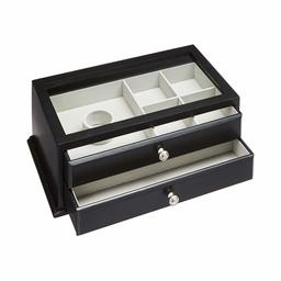 AmazonBasics Wooden Jewelry/Watch Box with Glass Top - 2-Drawer, Black