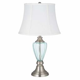 Amazon Brand – Ravenna Home Curved Glass Living Room Table Lamp with LED Light Bulb - 24.25 Inches, Brushed Nickel With Blue Glass