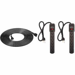 AmazonBasics Extension Cord - 25 feet - US - Black & 6-Outlet Surge Protector Power Strip 2-Pack, 200 Joule - Black