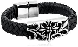 Men's Stainless Steel and Woven Black Leather Cross Bracelet, 8.5