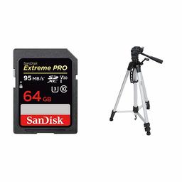 AmazonBasics Lightweight, Portable, Adjustable Camera Tripod with Bag, 60-Inch & SanDisk Extreme Pro SD Card, 64GB