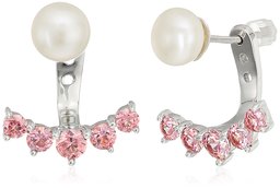 Platinum-Plated Sterling Silver Freshwater Cultured Pearl with Fancy Pink Color Swarovski Zirconia Earring Jacket