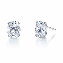 Sterling Silver Rhodium Plated Cubic Zirconia Clear Color Oval Cut Stud Earrings