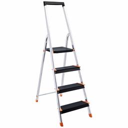 AmazonBasics Folding Step Ladder - 4-Step, Aluminum with Wide Pedal, Silver and Black