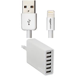 AmazonBasics - Cavo Lightning su USB, con certificazione Apple da 0,9 m con Caricatore USB a 6 porte, 60 W- Bianco (2 cavi)