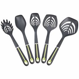 AmazonBasics 5-Piece Nylon Kitchen Cooking Utensil Set, Soft Grip Handle, Grey and Green