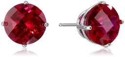 10k White Gold Round Checkerboard Cut Created Ruby Stud Earrings (8mm)