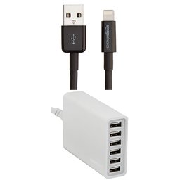 AmazonBasics - Cavo Lightning su USB, con certificazione Apple da 3 m con Caricatore USB a 6 porte, 60 W- Nero