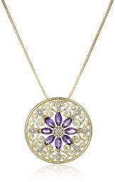 18k Yellow Gold Plated Sterling Silver Genuine Amethyst and Diamond Accent Filigree Mandala Pendant Necklace, 18