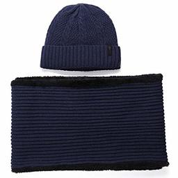 Jeff & Aimy 2 Piece Wool Knit Hat & Scarf Sets Beanie Neck Warmer Fleece Watch Cap Winter Balaclavas Navy-Blue