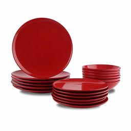 (Renewed) AmazonBasics 18-Piece Stoneware Dinnerware Set - Fire Engine Red, Service for 6