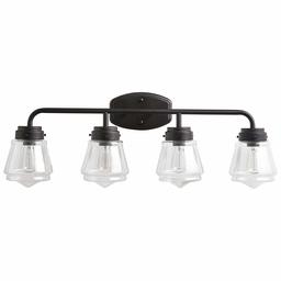 Amazon Brand – Stone & Beam Vintage Bathroom Vanity Fixture With 4 Light Bulbs And Glass Shade - 32.25 x 7 x 11.5 Inches, Matte Black