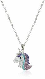 Women's Silver-Plated Crystal Unicorn Head With Flowing Mane Pendant Necklace, Blue/Purple/Pink, 18