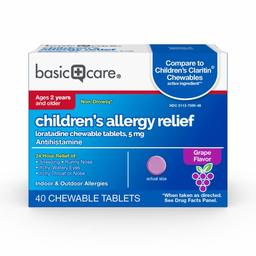 Basic Care Children's Allergy Relief, Loratadine Chewable Tablets, 5 mg, Antihistamine, 40 Count