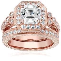 Rose-Gold-Plated Sterling Silver Antique Ring set with Asscher-Cut Swarovski Zirconia, Size 10