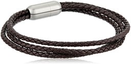 men's brown leather with stainless steel magnetic clasp bracelet