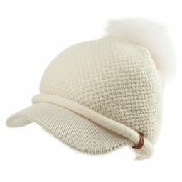 Jeff & Aimy Wool Knitted Visor Beanie with Brim Raccoon Fur Pom Cold Weather Winter Hat for Women Newsboy Cap White