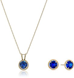 10K Gold Dainty Swarovski Crystal Birthstone Pendant Necklace with Stud Earrings Set, September