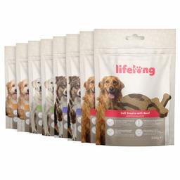 Marque Amazon - Lifelong - Friandises pour chiens, riches in protéines - sélection mixte : agneau, canard, dinde et bœuf  (8 pack x 300gr)