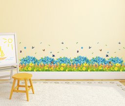 Amazon Brand - Solimo Wall Sticker for Living Room (Blue Floral Picket Fence with Butterflies, Ideal Size on Wall: 136 cm x 40 cm)