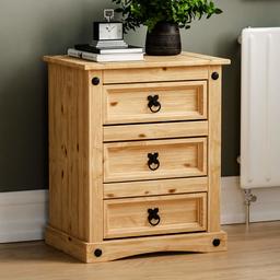 Amazon Brand - Movian Corona 3 Drawer Bedside Chest Distressed Waxed Solid Pine Table, Wood