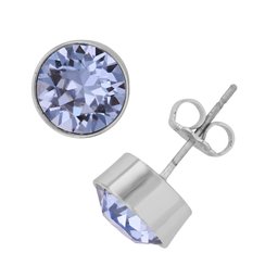 Rhodium Plated 8 mm Bezel Set Flat Back with Light Sapphire Swarovski Crystals Stud Earrings