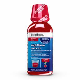 Basic Care Nighttime Cold & Flu Relief, Pain Reliever, Fever Reducer, Cough Suppressant, Antihistamine, Cherry Flavor, 12 Fluid Ounces