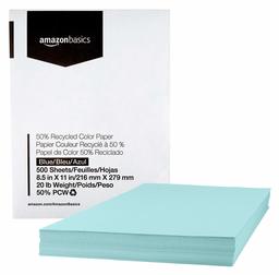 AmazonBasics 50% Recycled Color Printer Paper - Blue, 8.5 x 11 Inches, 1 Ream (500 Sheets) (Renewed)