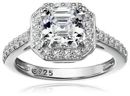 Platinum-Plated Sterling Silver Halo Ring set with Asscher Cut Swarovski Zirconia (1.5 cttw), Size 9