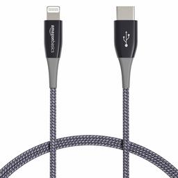 AmazonBasics Premium Double Braided Nylon USB-C to Lightning Cable, MFi Certified iPhone Charger - Dark Grey, 1-Foot