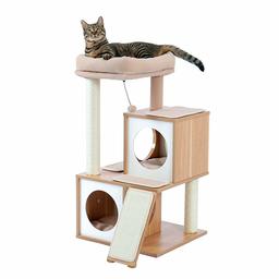 UMI by Amazon Modern Wood Cat Tree Cats Multi Floor Large Play Tower Sisal Scratching Post Kitten Furniture Activity Centre With Condo Playhouse Dangling Toy Grey