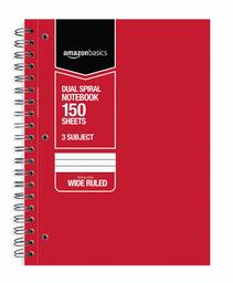 AmazonBasics Wide Ruled Wirebound 3-Subject 150-Sheet Notebook - Pack of 3, 10.5 x 8 Inch, Black/Red/White