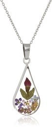 Sterling Silver Multi Pressed Flower Teardrop Pendant Necklace, 16