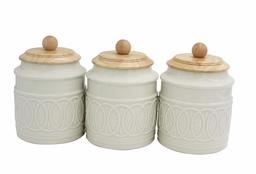 Amazon Brand – Ravenna Home Classic Stoneware 3-Piece Filigree Canister Set - Set of 3, White with Wood Lid