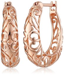 14k Rose Gold Plated Sterling Silver Filigree Round Hoop Earrings