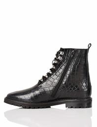 Amazon Brand - find. Lace Up Leather Croc Biker Ankle Boots, Black), US 9.5