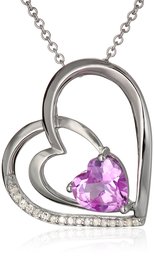 Sterling Silver Created Pink Sapphire and Diamond-Accented Heart Pendant Necklace (0.08cttw, I-J Color, I3 Clarity), 18