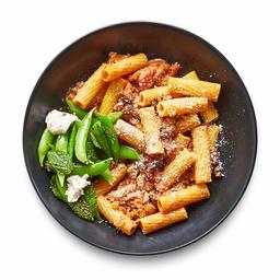 Amazon Meal Kits, Beef Bolognese Rigatoni with Mint & Ricotta Snap Pea Salad