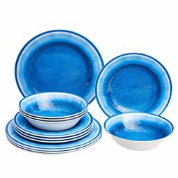 AmazonBasics 12-Piece Melamine Dinnerware Set - Service for 4, Blue Crackle Glaze