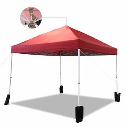 AmazonBasics Outdoor One-push Pop Up Canopy, 10ft x 10ft with Wheeled Carry, 4-pk weight bag, Red